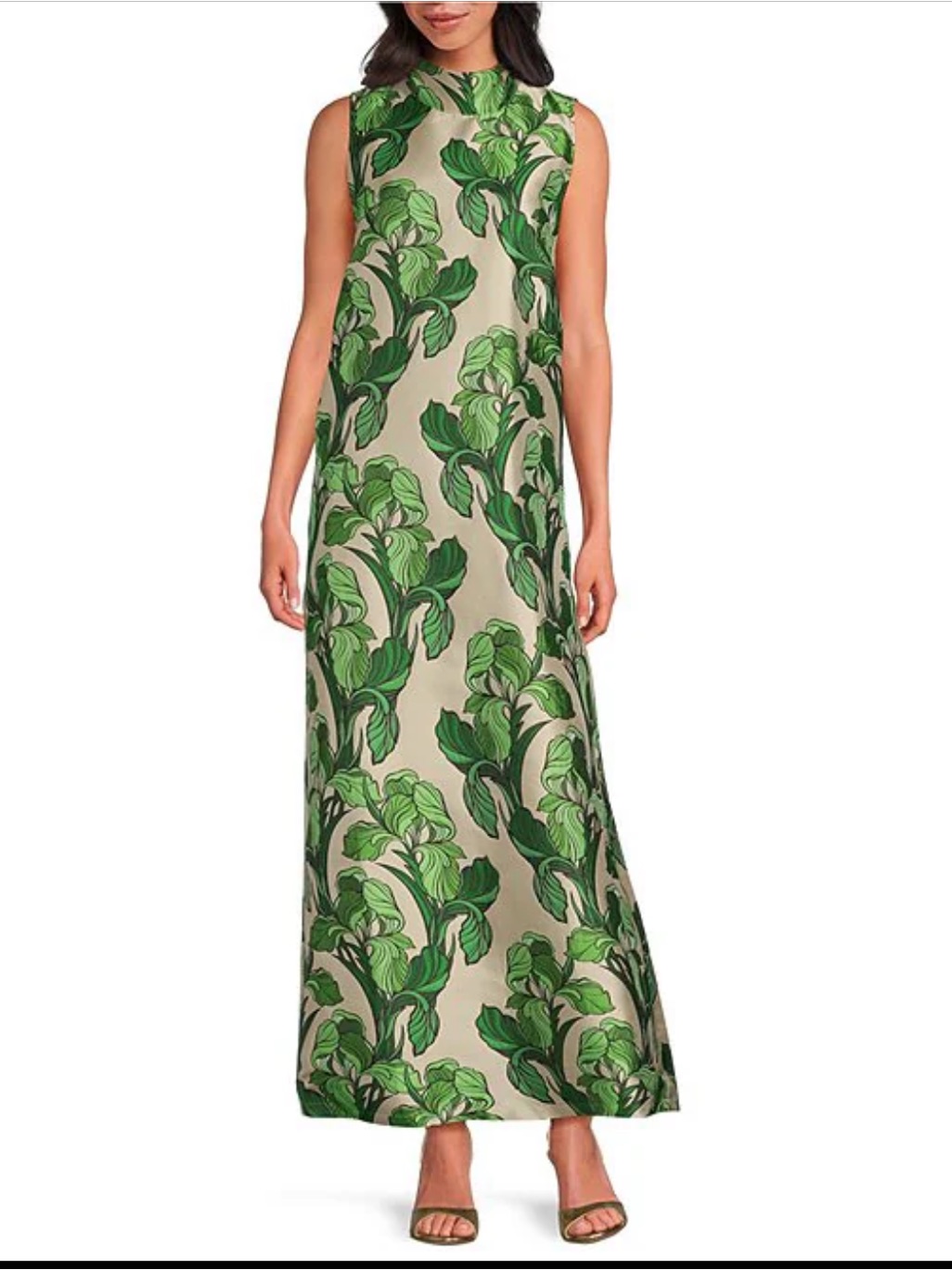 Buru Maxi Mod Printed Brocade Mock Neck Sleeveless Shift Maxi Dress